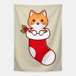 Cute Orange Tabby Cat Inside a Christmas Stocking Tapestry