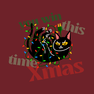 Black Cat Tangled in Xmas Lights T-Shirt