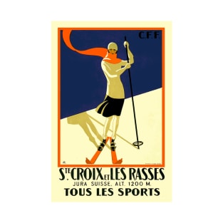 Vintage Swiss Skiing Travel Poster - Ste. Croix et Les Rasses T-Shirt