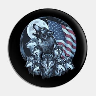 Wolves Under Moon Howling Wolf 4th of July American Flag Pin