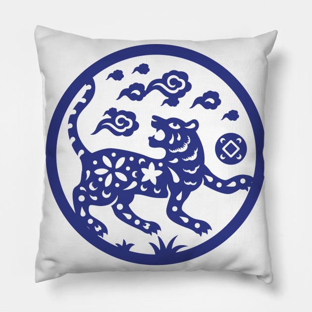 Chinese Art Tiger Blue P Pillow by LindenDesigns