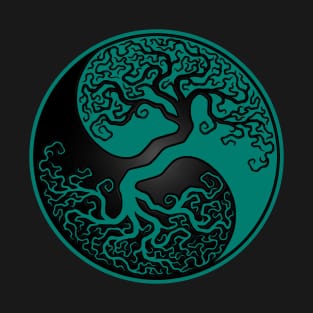 Teal Blue and Black Tree of Life Yin Yang T-Shirt