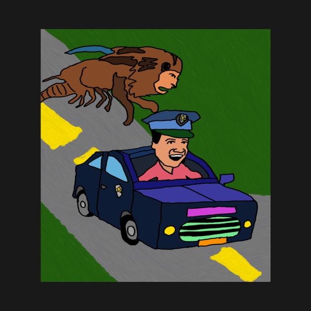 drawing locust with lions head chasing police officer by Catbrat