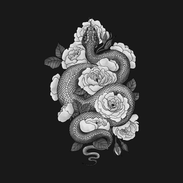 Snake and roses, monochrome by katerinamk