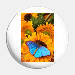 Blue Butterfly On Sunflower Pin