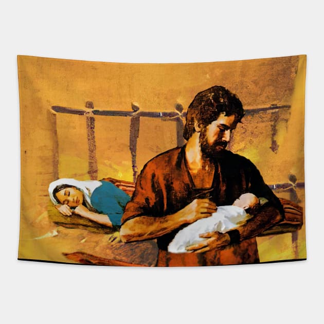 St. Joseph holds baby Jesus while Our Lady sleeps Tapestry by Brasilia Catholic