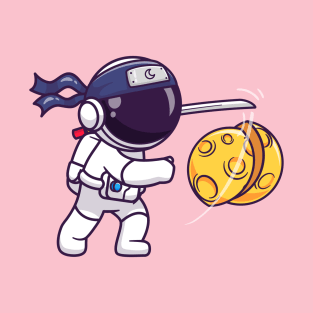 Cute Astronaut Ninja Slash Moon With Sword Cartoon T-Shirt