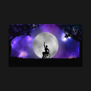 Disabled wheelchair user ballerina dancing before a full moon and galaxy T-Shirt