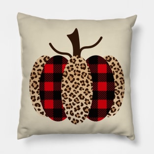 Fall Pumpkin with Red and Black Plaid and Leopard Print Pillow