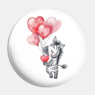 Valentine Zebra Holding Heart Shaped Balloons Pin