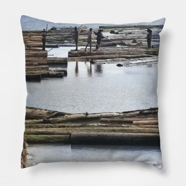 colorized vintage photo of ivory coast loggers Pillow by In Memory of Jerry Frank