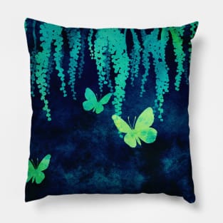 Wisteria and Butterflies Negative Painting Blue and Green Pillow