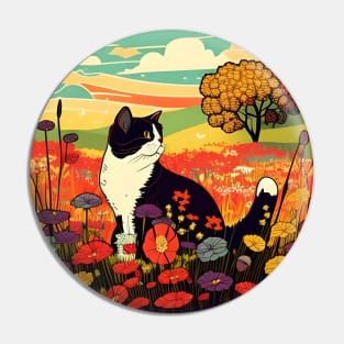 Cat Looking Sunset In The Meadow Filled Flower - Funny Cats Pin