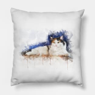 Watercolor Illustration of a Calico Cat Pillow