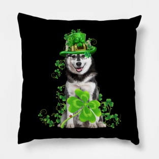 Lucky Husky Dog Shamrock St Patrick's Day Pillow