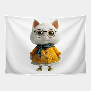 Big Eyes Cute Cat Wearing Glasses And Scarf Tapestry