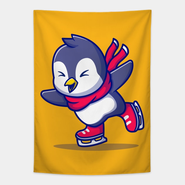 Cute Penguin Ice skating With Scarf Cartoon Tapestry by Catalyst Labs