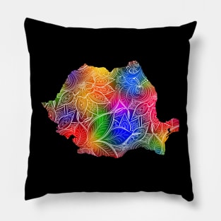 Colorful mandala art map of Romania with text in multicolor pattern Pillow