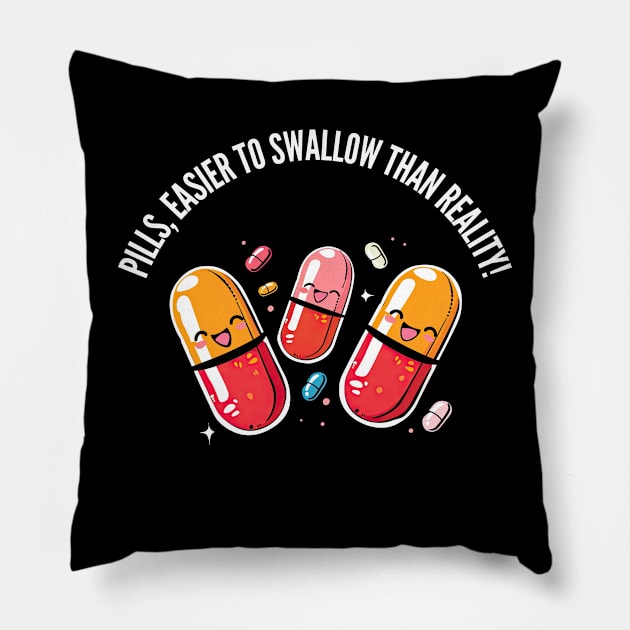 Easier to swallow than reality! v4 (round) Pillow by AI-datamancer