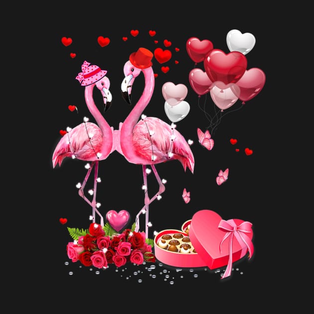 Happy Valentine's Flamingo Couple Red Roses Heart Balloons by cogemma.art