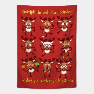 Rudolph the red-nosed reindeer wishes you a Merry Christmas in nine different ways Tapestry