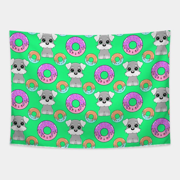 Cute happy funny little Schnauzer puppies, sweet yummy Kawaii adorable colorful donuts cartoon bright pastel green pattern design. Tapestry by IvyArtistic