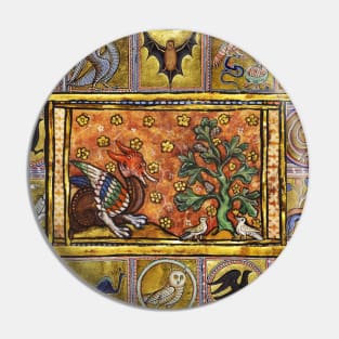 MEDIEVAL BESTIARY,RED DRAGON ,TREE OF LIFE AND BIRDS ,FANTASTIC ANIMALS IN GOLD RED BLUE COLORS Pin