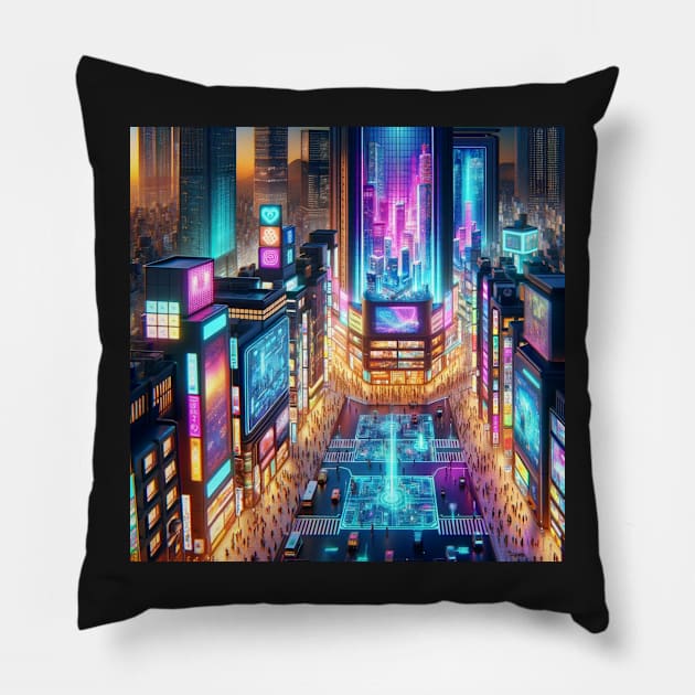 Neon Pulse: The Digital Plaza Pillow by heartyARTworks