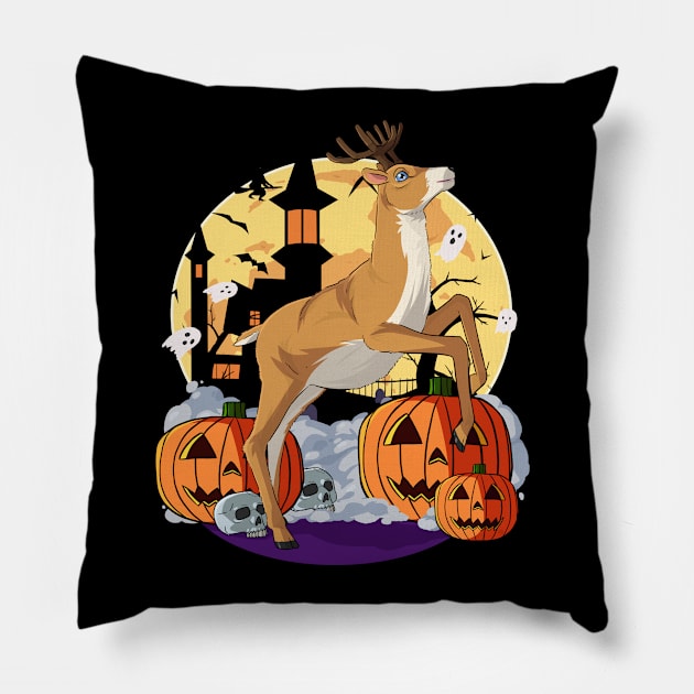 Happy Halloween Reindeer Witch Pumpkin Pillow by Noseking