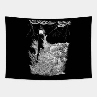 Lighthouse in the storm with waves Tapestry