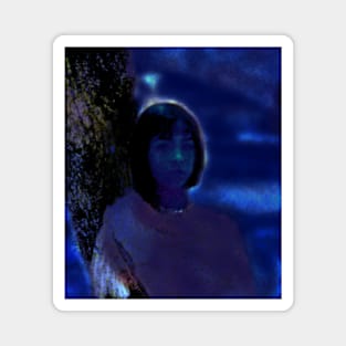 Portrait, digital collage and special processing. Lovely girl, sitting near tree. Night dreams. Blue. Magnet