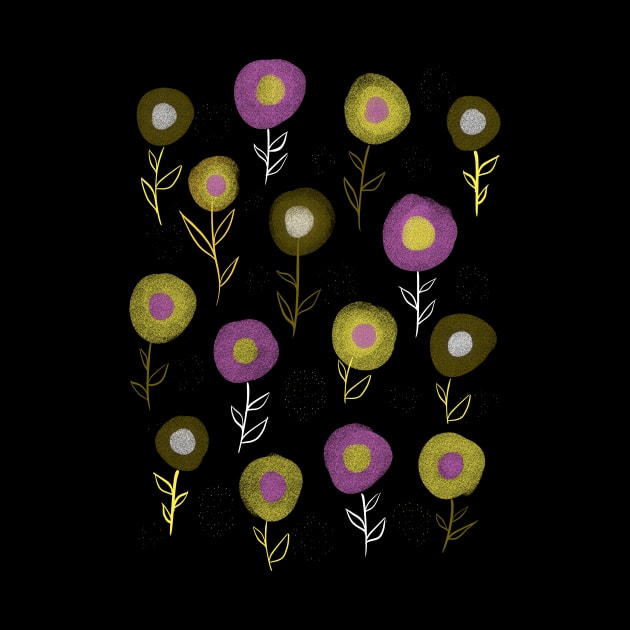 Dark Floral Pattern - Yellow Pink Round Flowers by Boriana Giormova