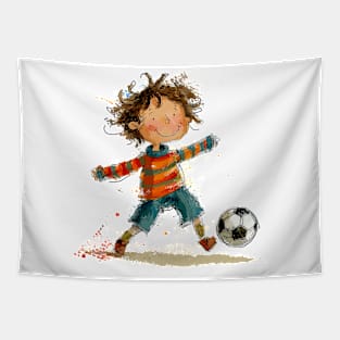 Little Boy Playing Soccer Tapestry