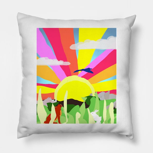 The Quiet Sunrise, with animals in a peaceful fun and colorful landscape Pillow by davidscohen