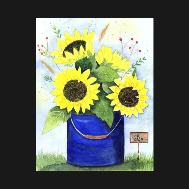 Sunflowers in a bucket watercolor painting by Sandraartist