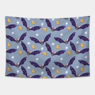 Halloween bats pattern with moon and stars on bright blue background Tapestry