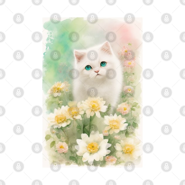 Happy White Cat in the Flower Garden Soft Pastel Colors by Stades