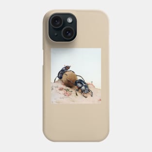 Sacred scarabs (Scarabaeus sacer) rolling a dung ball. Phone Case