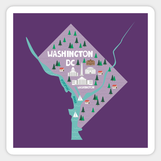 Washington DC Illustrated Map - Washington Dc - Sticker | TeePublic