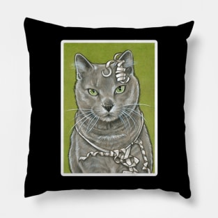 Gray Kitty With Ribbon - White Outlined Version Pillow