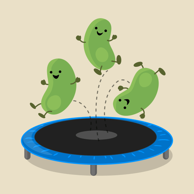 Cute funny green beans on trampoline cartoon by FrogFactory