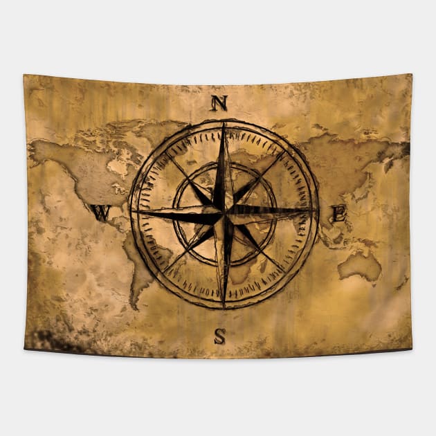 Destinations - Compass Rose and World Map Tapestry by Highseller