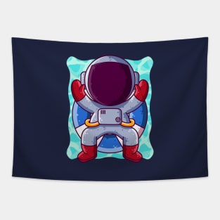 Cute Astronaut Relaxing on Inflatable Ring Cartoon Tapestry