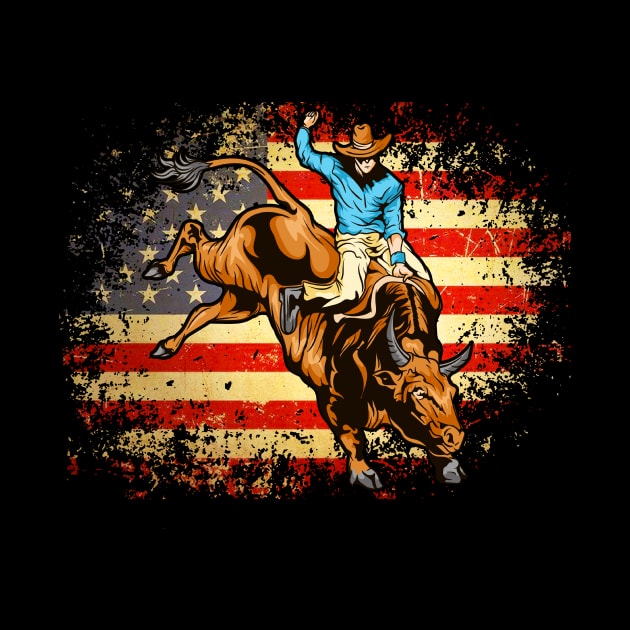 Bull Riding Rodeo Patriotic Distressed American Flag Western T-Shirt by Dr_Squirrel