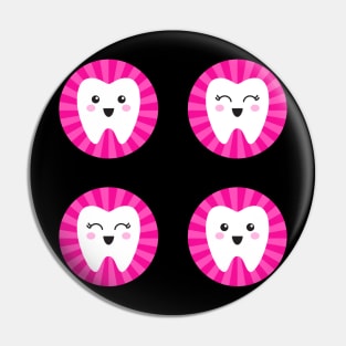 Kawaii teeth on hot pink sunburst background Pin