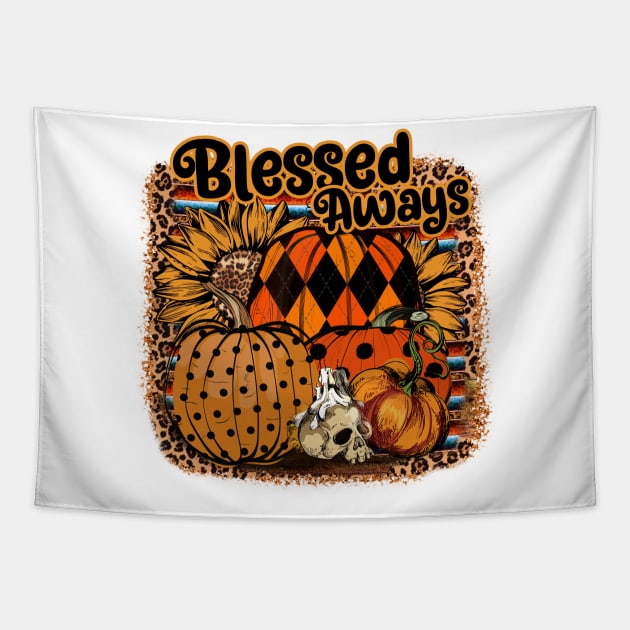 blessed aways pumpkin skull happy halloween Tapestry by Gost