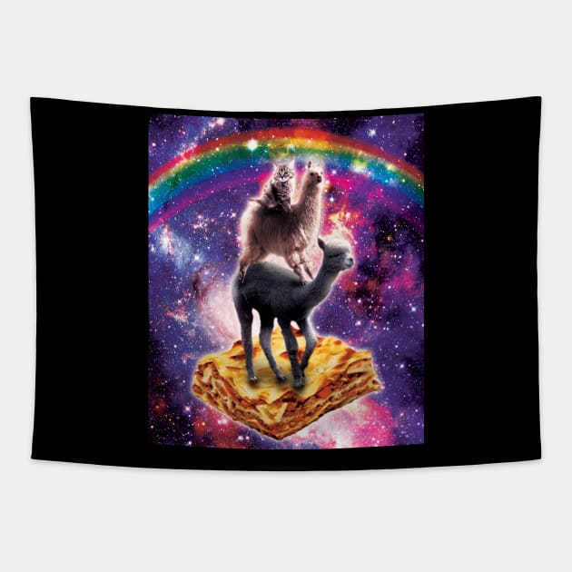 Space Cat Llama Alpaca Riding Lasagne Tapestry by Random Galaxy