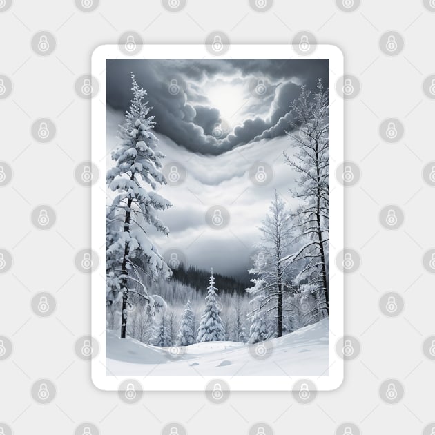 Snowy Pine Trees in the Eye of a Winter Storm Magnet by CursedContent