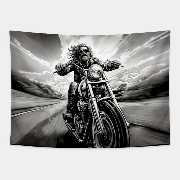 Motorcycle Ride: Two Wheel Freedom "I’m Not Always Grumpy Sometimes I’m on My Motorcycle" on a Dark Background Tapestry by Puff Sumo