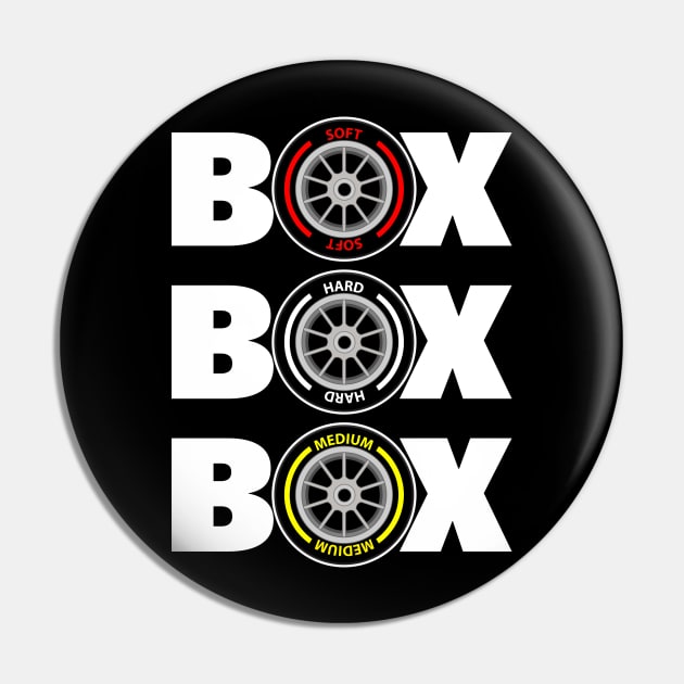 Box Box Box F1 Pitstop design - White Text Pin by Hotshots